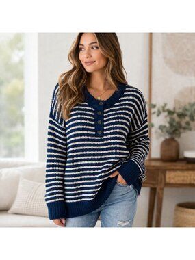 American Eagle Blue White Striped Sweater Womens Jegging Fit Henley Pullover S